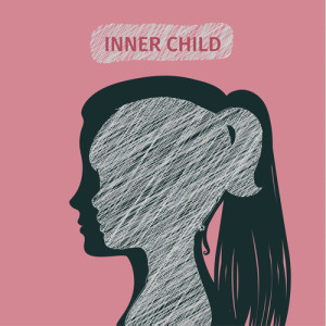 Concept of inner child. Silhouette of a woman showing his inner child living in his mind. Flat design, vector illustration.